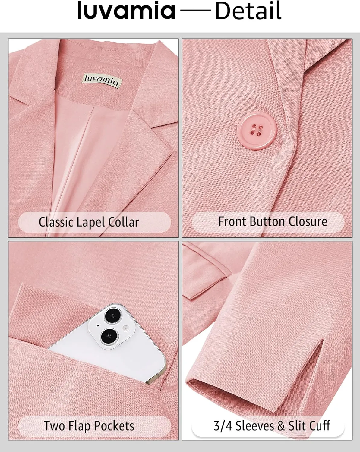luvamia Linen Blazers for Women Business Casual Cropped 3/4 Sleeve Lightweight Lined Work Office Suit Blazer Jackets