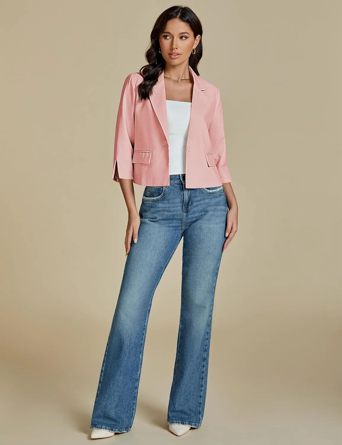 luvamia Linen Blazers for Women Business Casual Cropped 3/4 Sleeve Lightweight Lined Work Office Suit Blazer Jackets