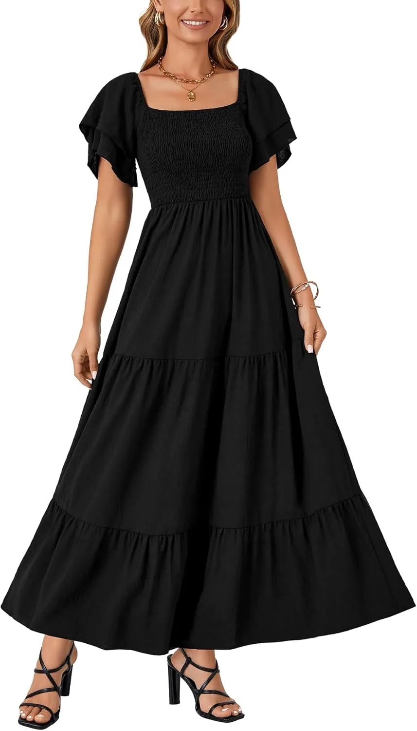 LYANER Women's Casual Summer Midi Dress Ruffle Short Sleeve Square Neck Smocked Tiered Ruffle Dresses
