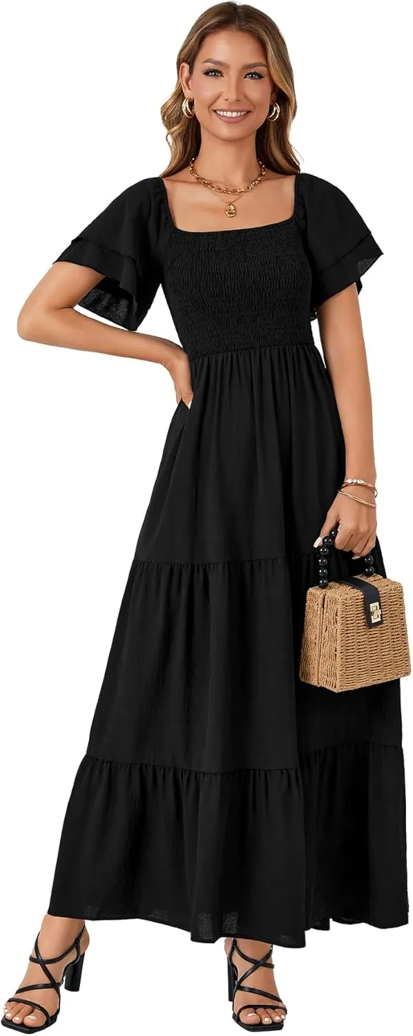 LYANER Women's Casual Summer Midi Dress Ruffle Short Sleeve Square Neck Smocked Tiered Ruffle Dresses