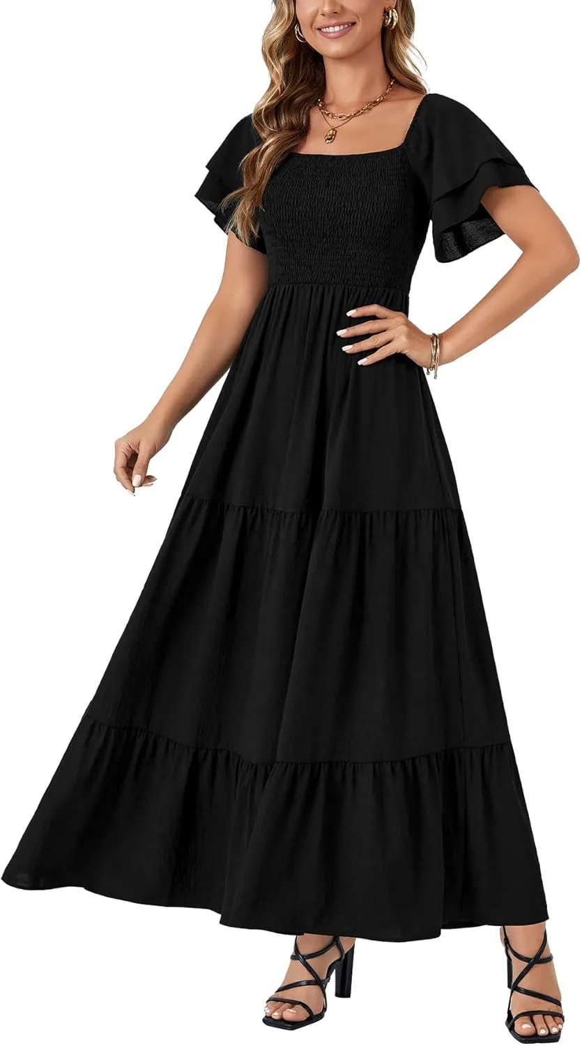 LYANER Women's Casual Summer Midi Dress Ruffle Short Sleeve Square Neck Smocked Tiered Ruffle Dresses