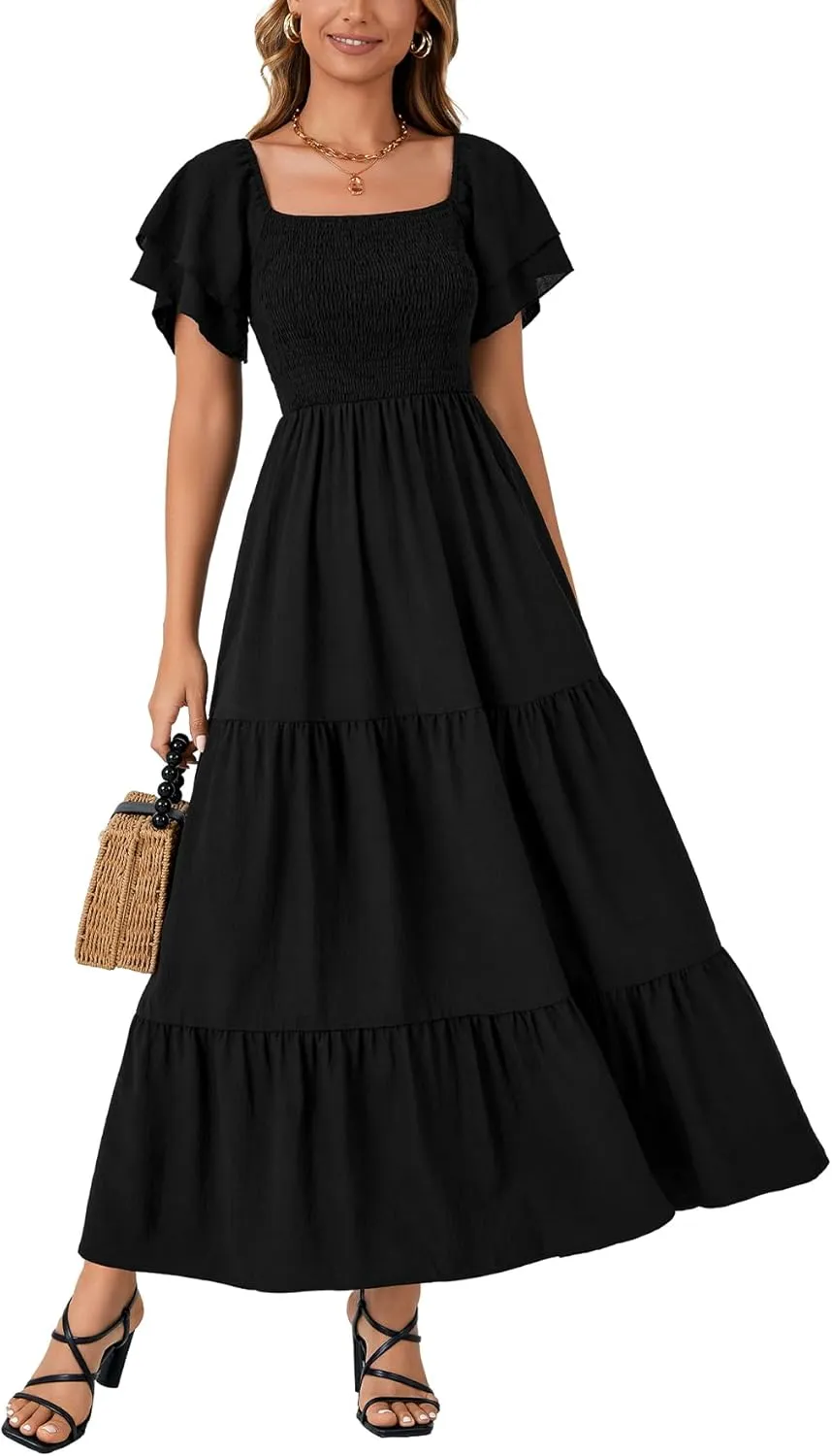 LYANER Women's Casual Summer Midi Dress Ruffle Short Sleeve Square Neck Smocked Tiered Ruffle Dresses