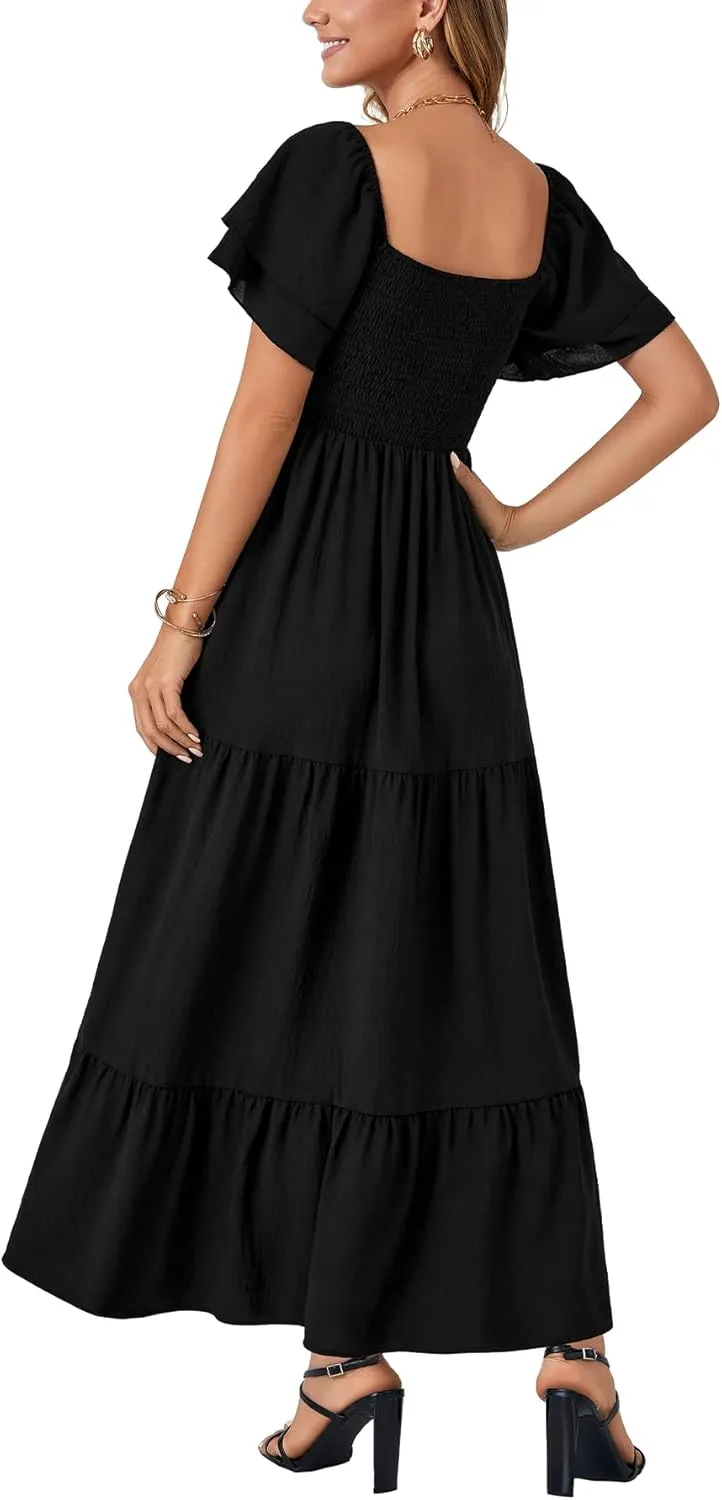 LYANER Women's Casual Summer Midi Dress Ruffle Short Sleeve Square Neck Smocked Tiered Ruffle Dresses