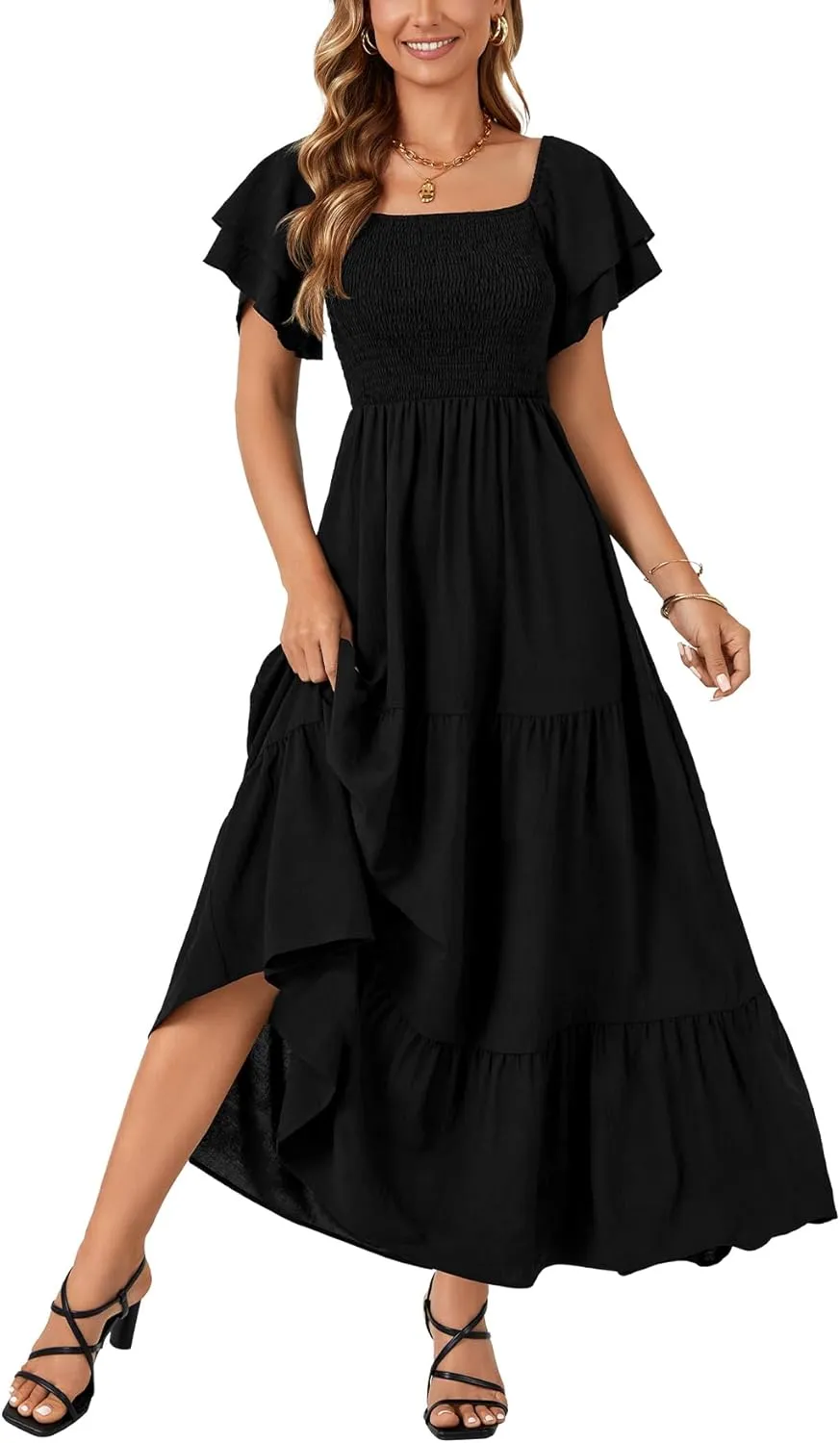 LYANER Women's Casual Summer Midi Dress Ruffle Short Sleeve Square Neck Smocked Tiered Ruffle Dresses