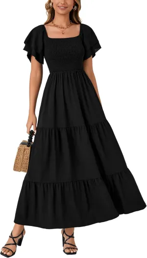 LYANER Women's Casual Summer Midi Dress Ruffle Short Sleeve Square Neck Smocked Tiered Ruffle Dresses