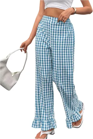 MakeMeChic Women's Plaid Print Elastic Waist Pants Ruffle Hem Straight Leg Trousers