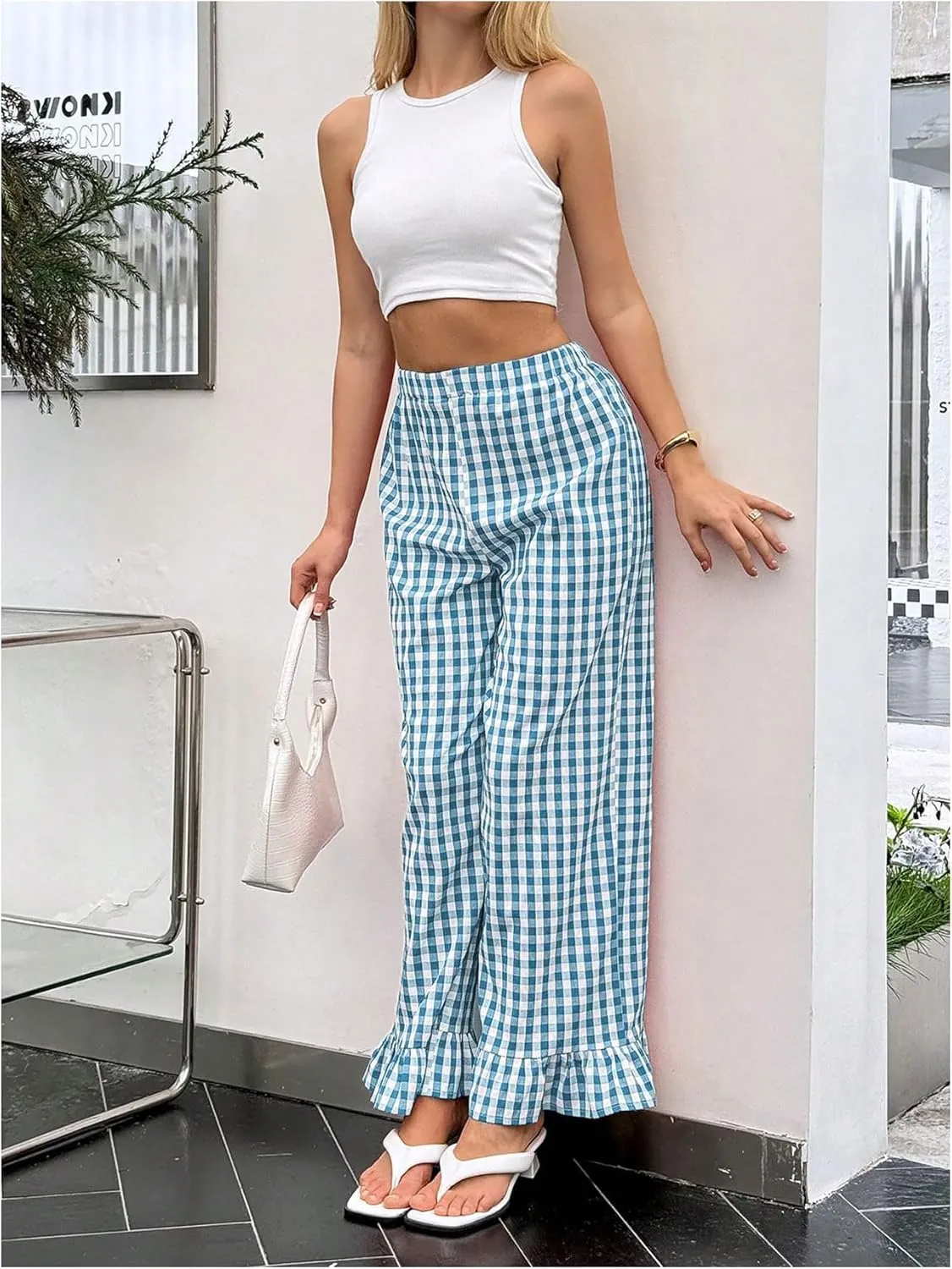 MakeMeChic Women's Plaid Print Elastic Waist Pants Ruffle Hem Straight Leg Trousers