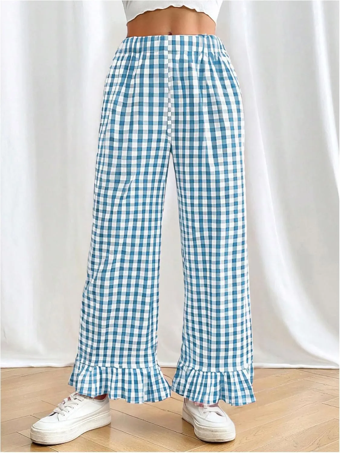 MakeMeChic Women's Plaid Print Elastic Waist Pants Ruffle Hem Straight Leg Trousers