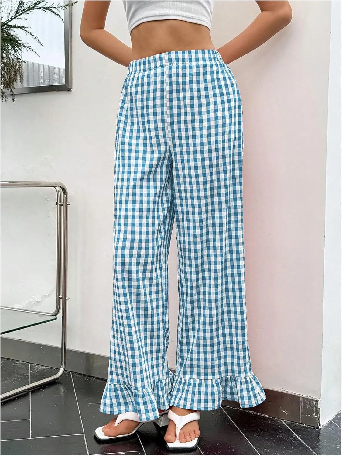 MakeMeChic Women's Plaid Print Elastic Waist Pants Ruffle Hem Straight Leg Trousers