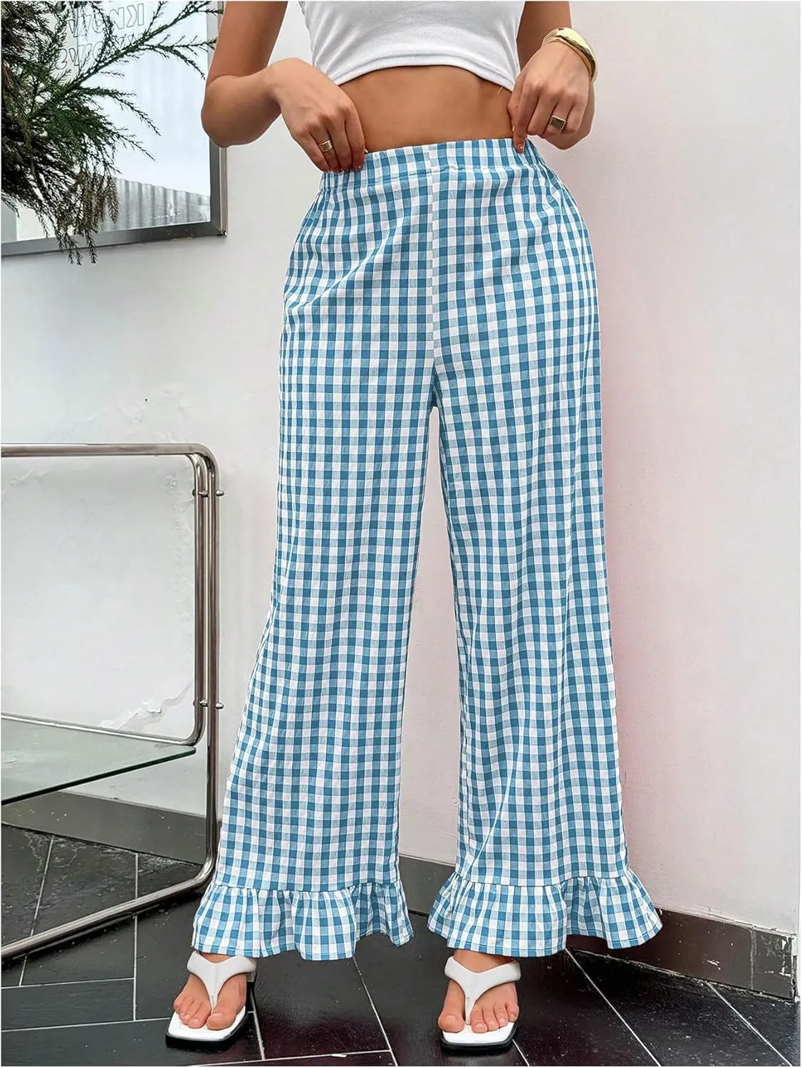 MakeMeChic Women's Plaid Print Elastic Waist Pants Ruffle Hem Straight Leg Trousers