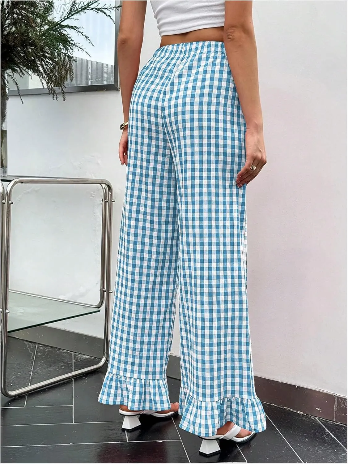 MakeMeChic Women's Plaid Print Elastic Waist Pants Ruffle Hem Straight Leg Trousers