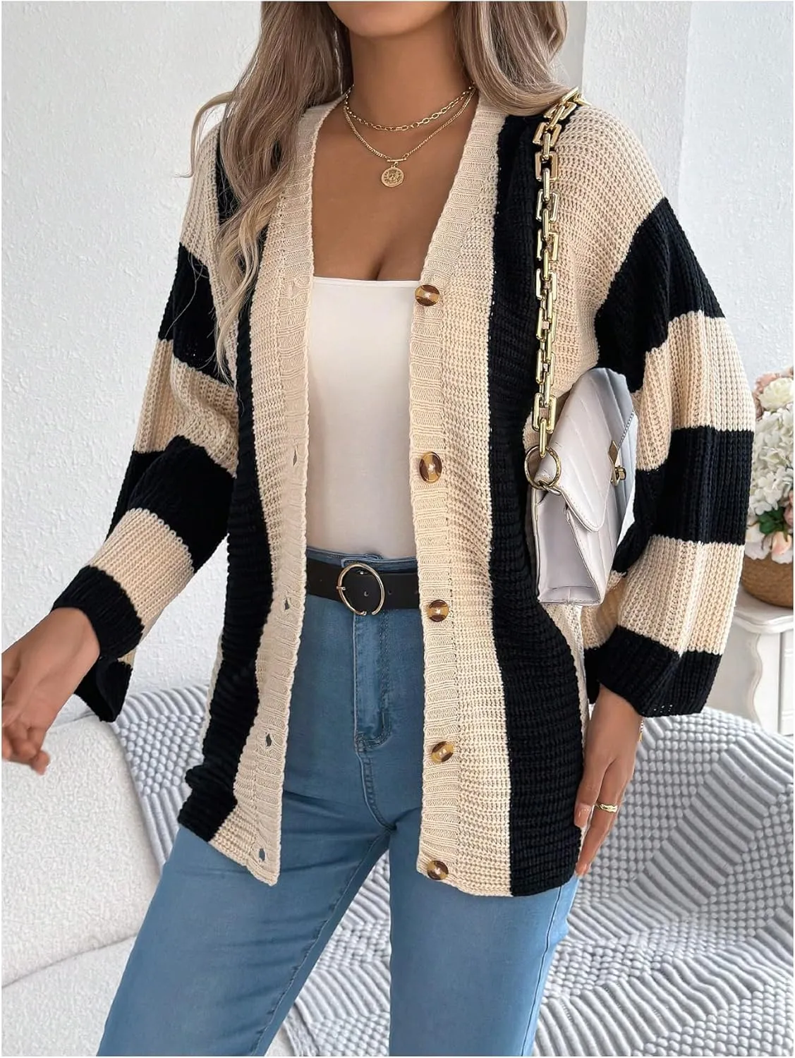 MakeMeChic Women's Striped Colorblock V Neck Button Up Sweater Long Sleeve Chunky Cardigans