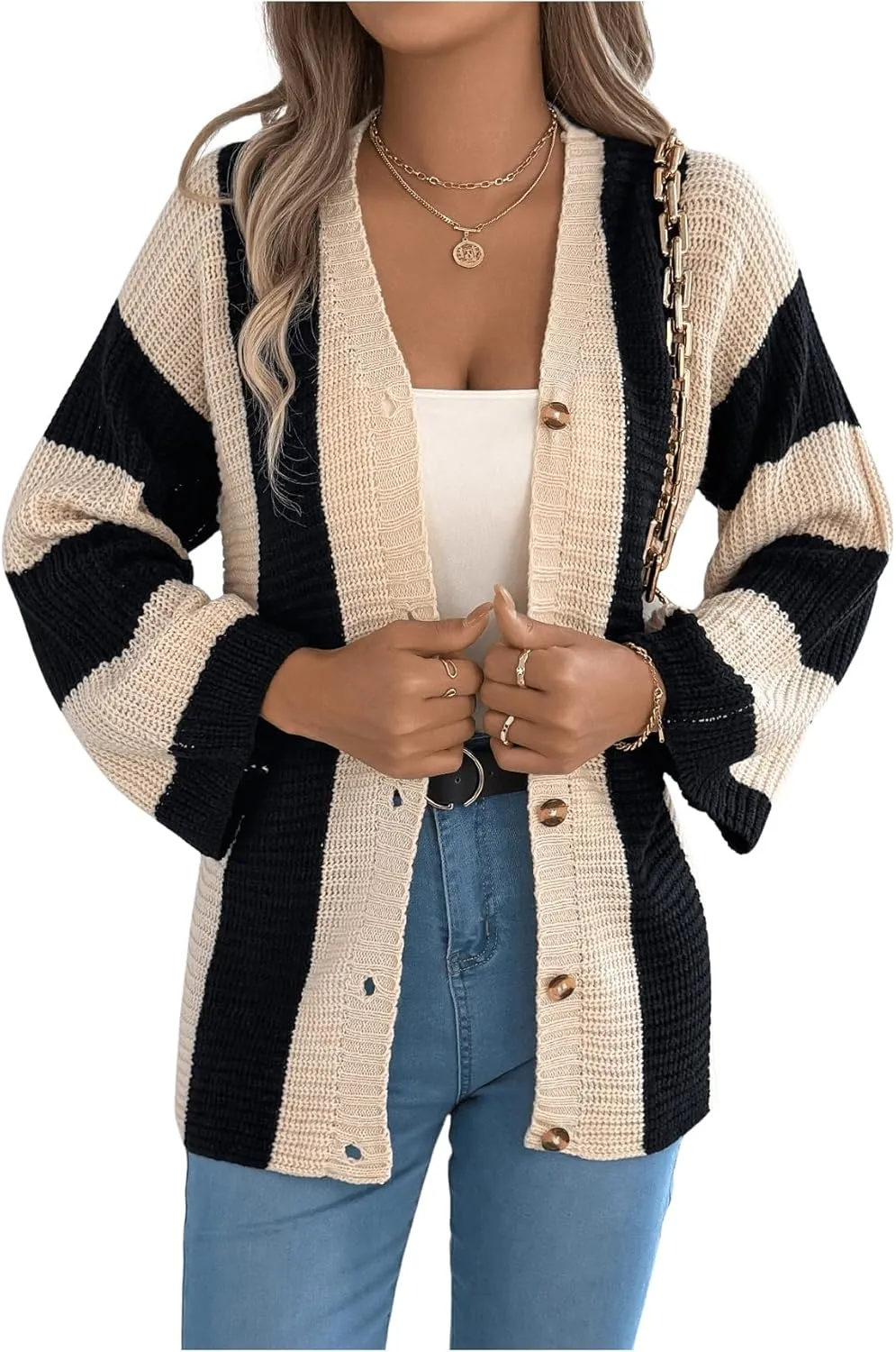 MakeMeChic Women's Striped Colorblock V Neck Button Up Sweater Long Sleeve Chunky Cardigans