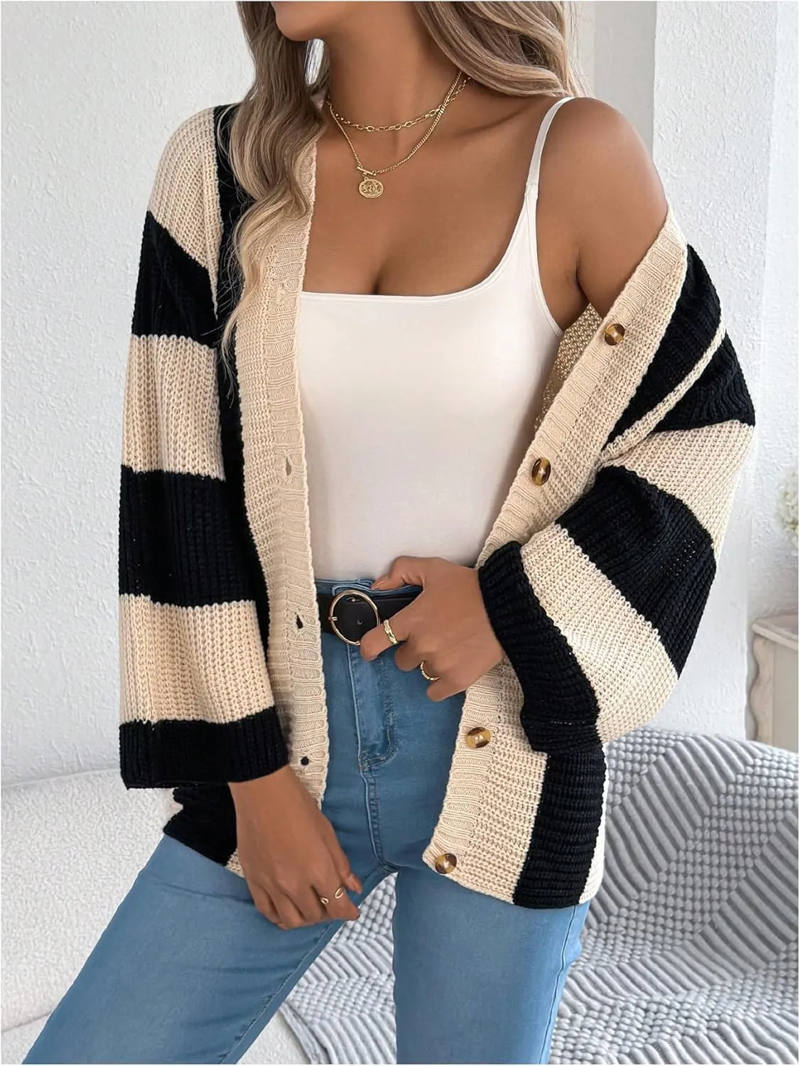 MakeMeChic Women's Striped Colorblock V Neck Button Up Sweater Long Sleeve Chunky Cardigans