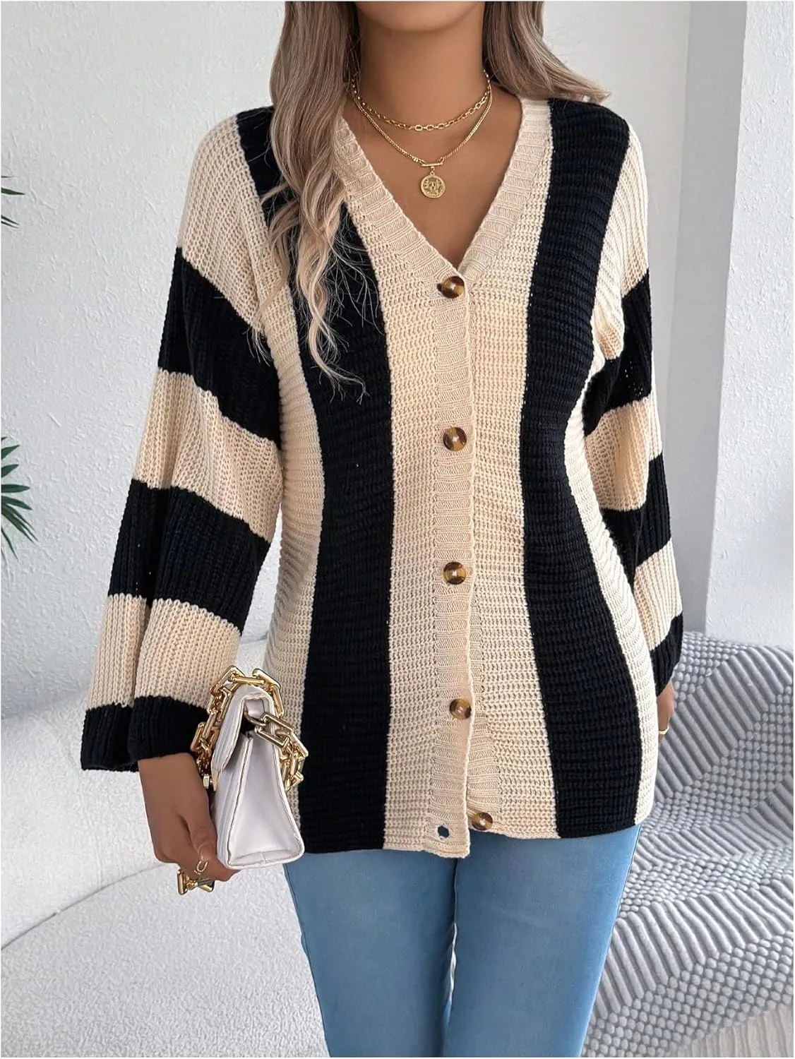 MakeMeChic Women's Striped Colorblock V Neck Button Up Sweater Long Sleeve Chunky Cardigans