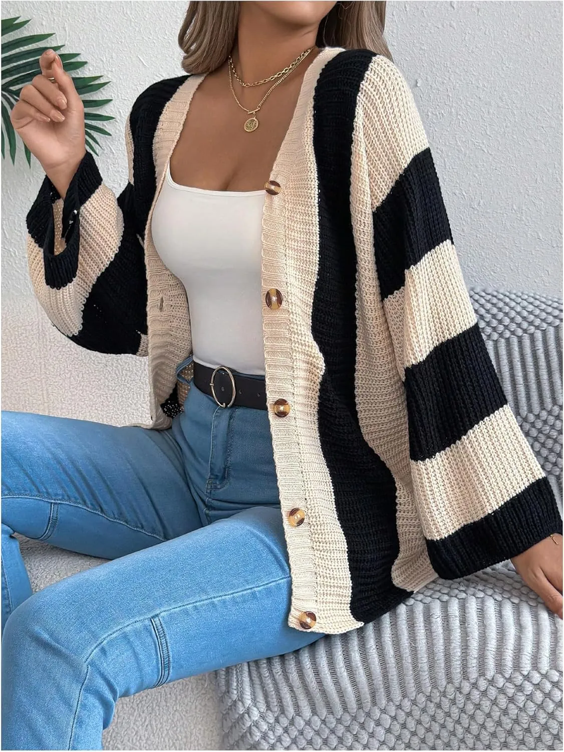 MakeMeChic Women's Striped Colorblock V Neck Button Up Sweater Long Sleeve Chunky Cardigans