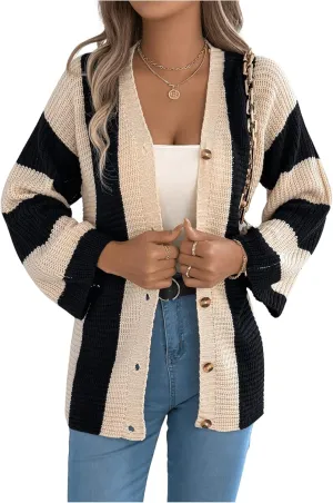 MakeMeChic Women's Striped Colorblock V Neck Button Up Sweater Long Sleeve Chunky Cardigans