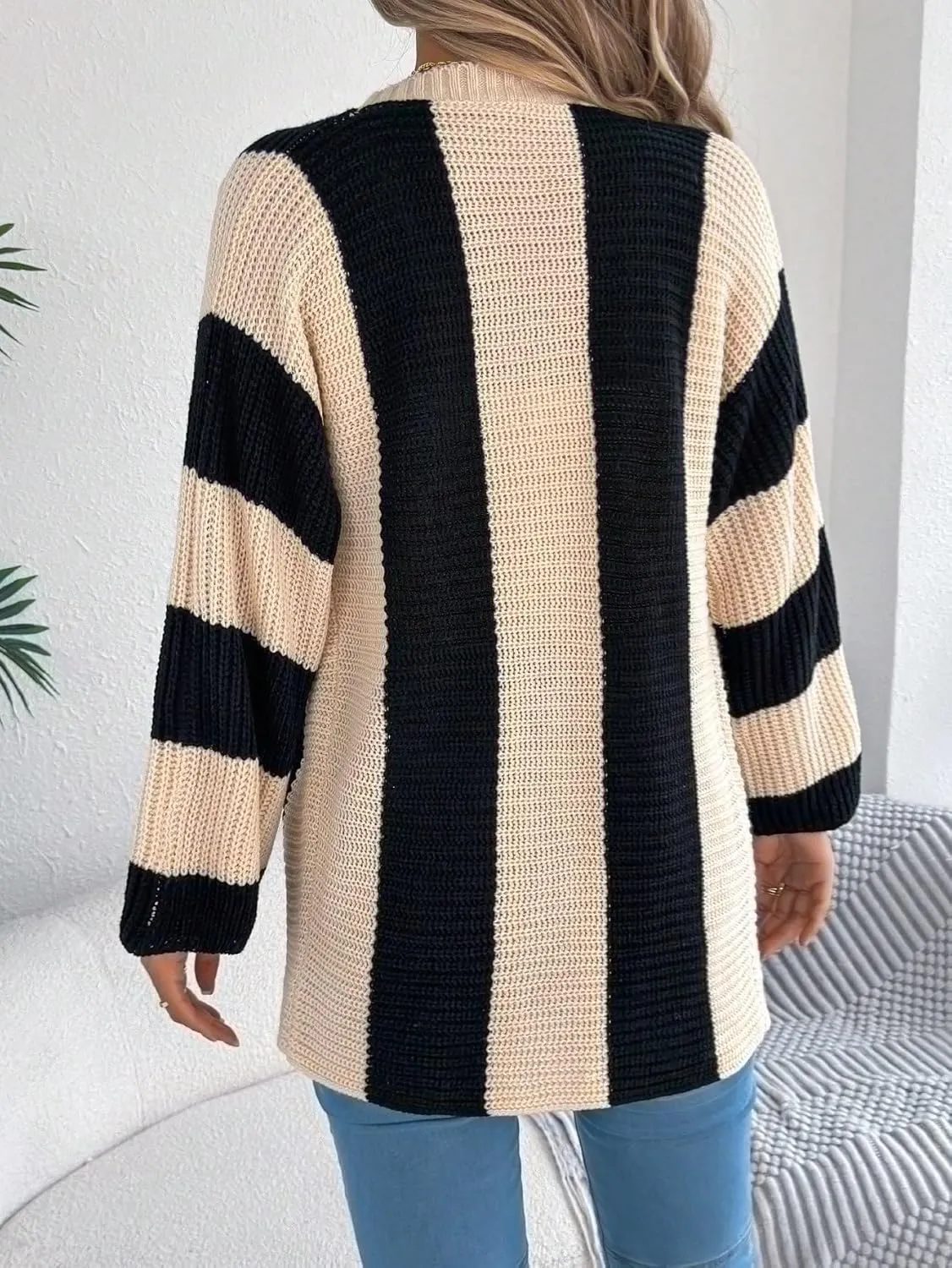 MakeMeChic Women's Striped Colorblock V Neck Button Up Sweater Long Sleeve Chunky Cardigans