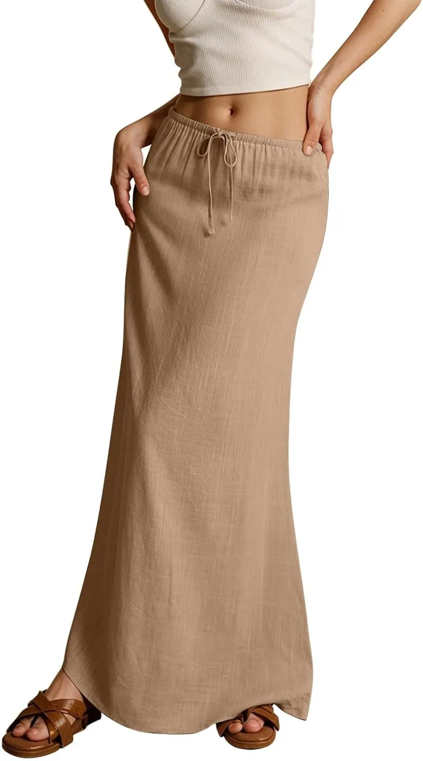 Maxi Skirt Comfy Drawstring Low Rise Womens Linen Skirt with Slit Beach Long Flowy Skirts Summer Plus Size