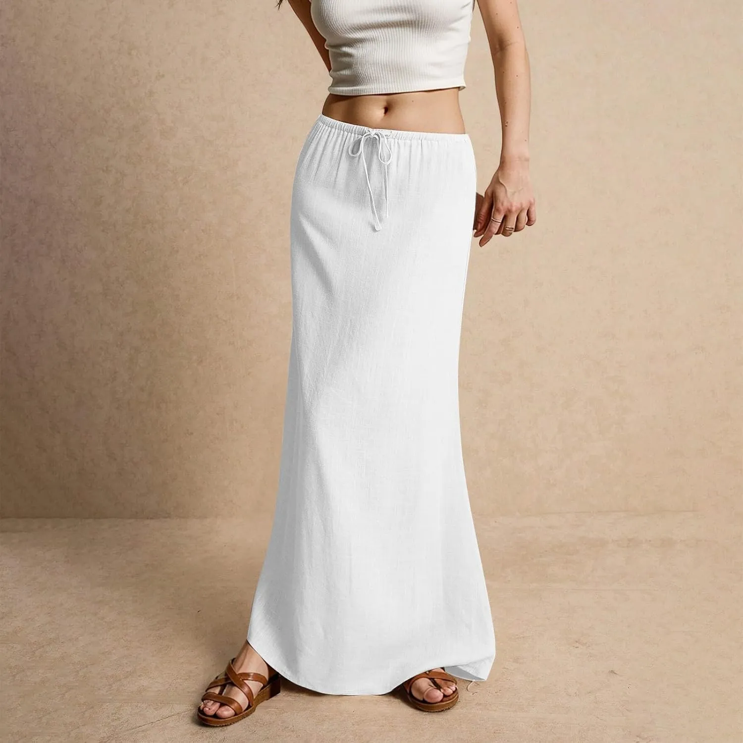 Maxi Skirt Comfy Drawstring Low Rise Womens Linen Skirt with Slit Beach Long Flowy Skirts Summer Plus Size