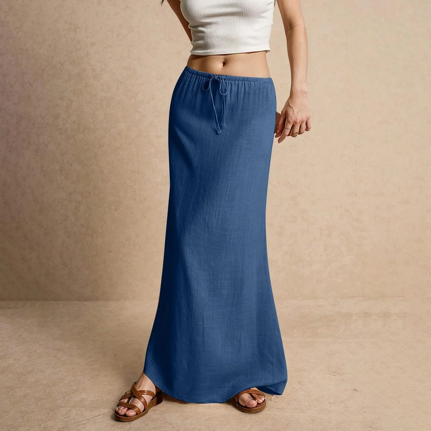 Maxi Skirt Comfy Drawstring Low Rise Womens Linen Skirt with Slit Beach Long Flowy Skirts Summer Plus Size