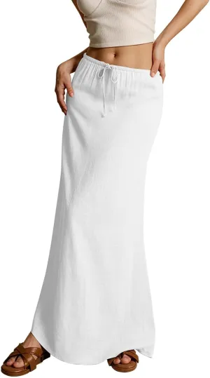Maxi Skirt Comfy Drawstring Low Rise Womens Linen Skirt with Slit Beach Long Flowy Skirts Summer Plus Size