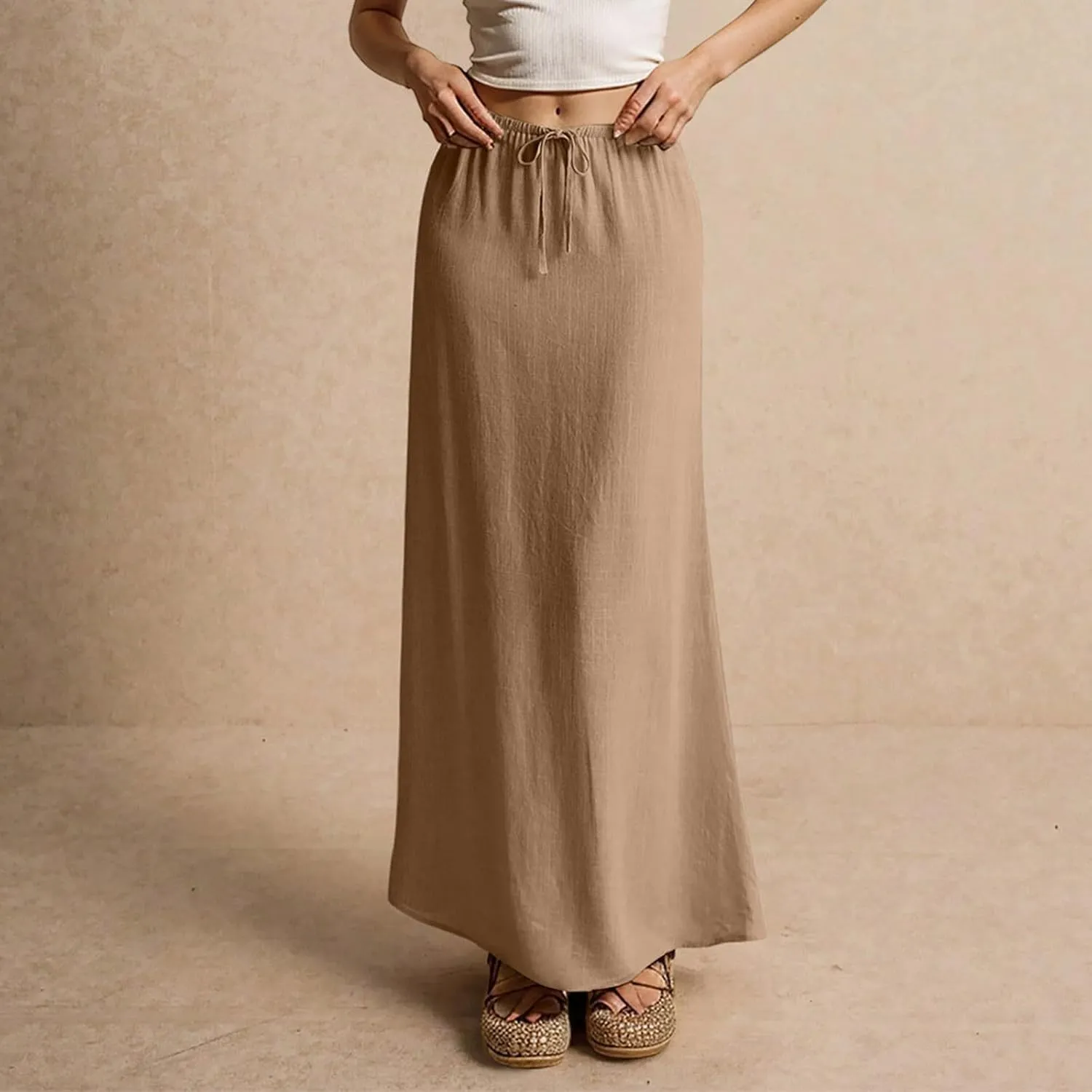 Maxi Skirt Comfy Drawstring Low Rise Womens Linen Skirt with Slit Beach Long Flowy Skirts Summer Plus Size