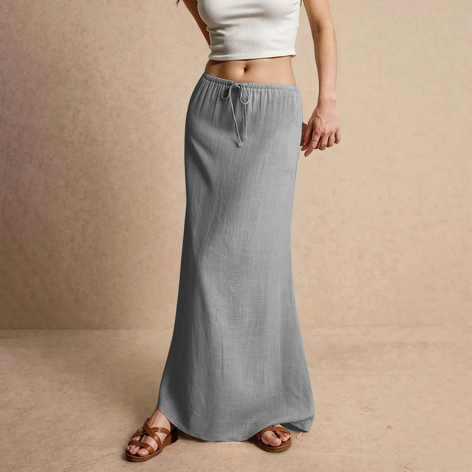 Maxi Skirt Comfy Drawstring Low Rise Womens Linen Skirt with Slit Beach Long Flowy Skirts Summer Plus Size