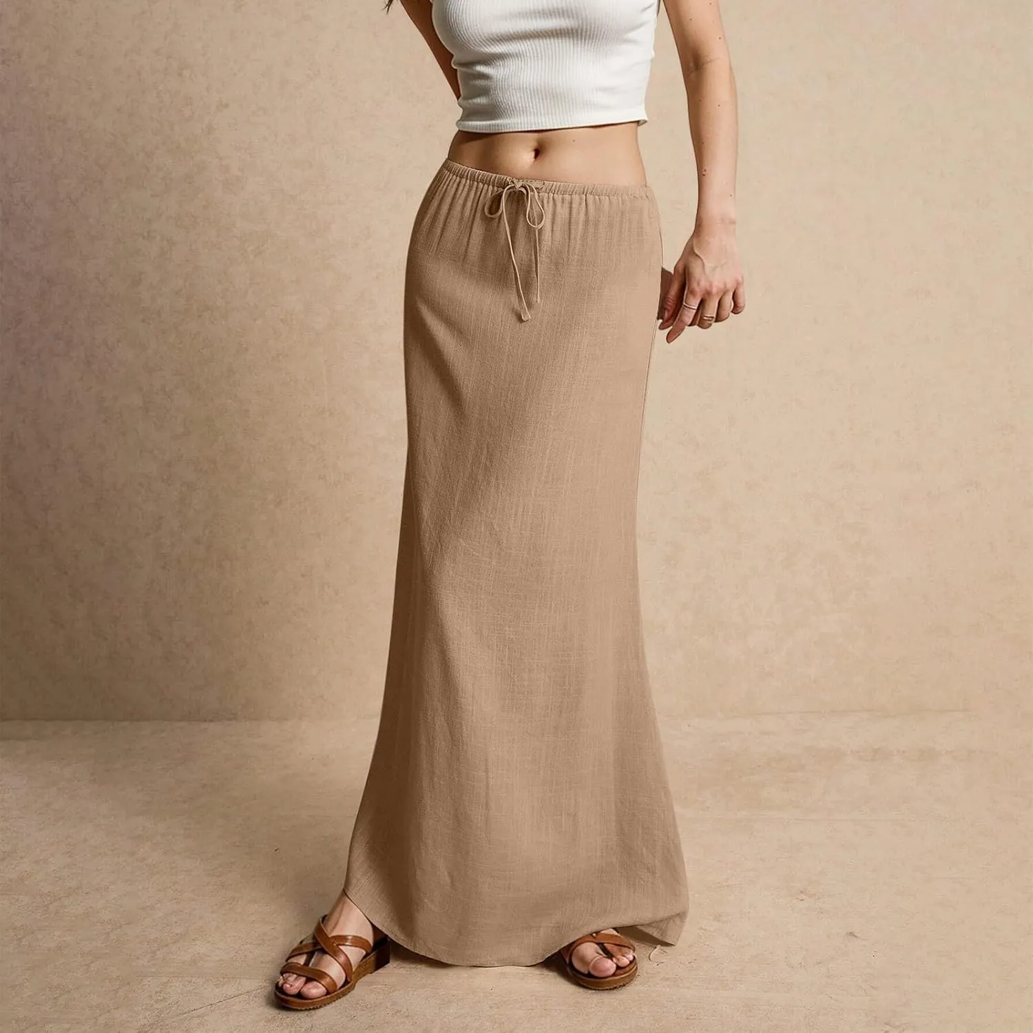 Maxi Skirt Comfy Drawstring Low Rise Womens Linen Skirt with Slit Beach Long Flowy Skirts Summer Plus Size