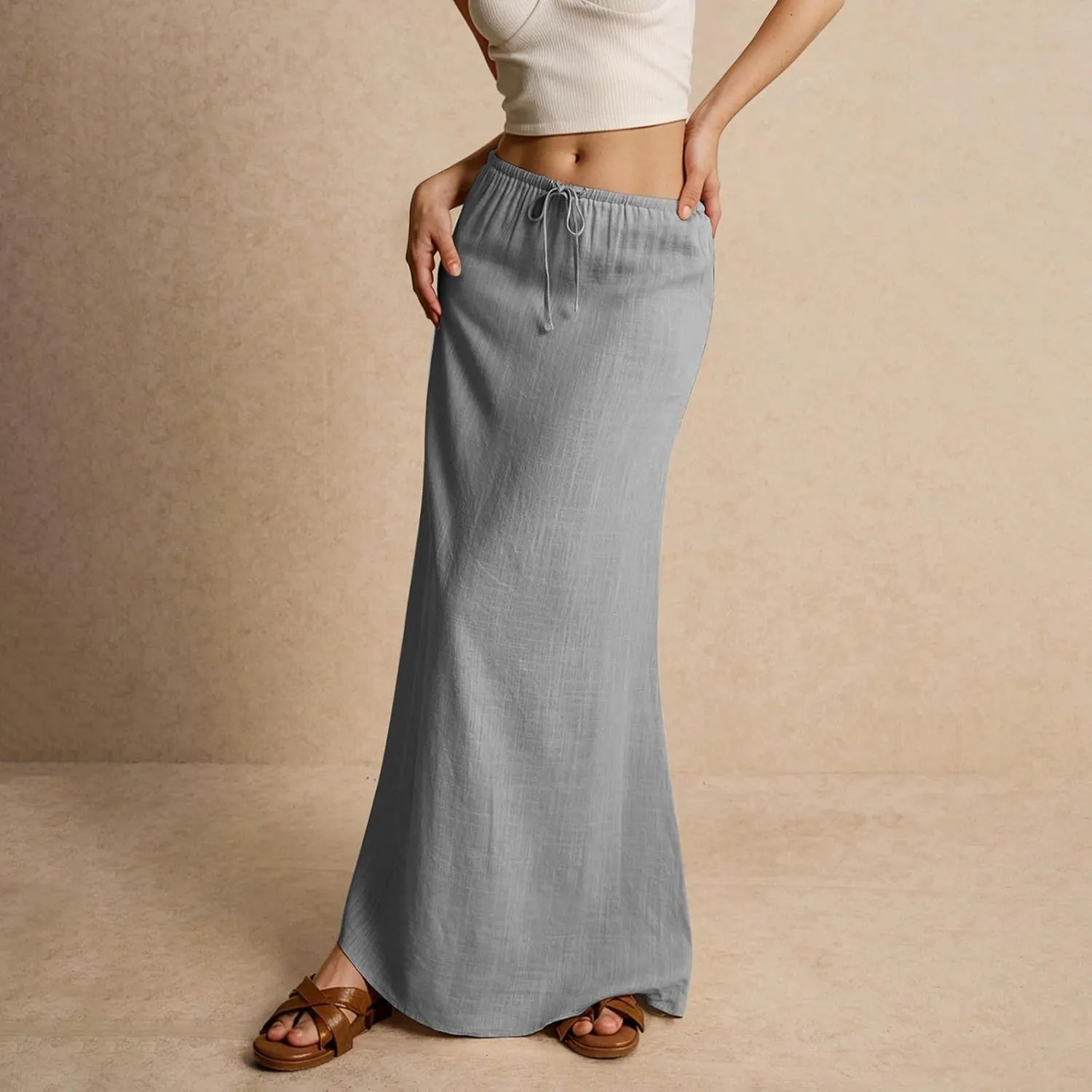 Maxi Skirt Comfy Drawstring Low Rise Womens Linen Skirt with Slit Beach Long Flowy Skirts Summer Plus Size