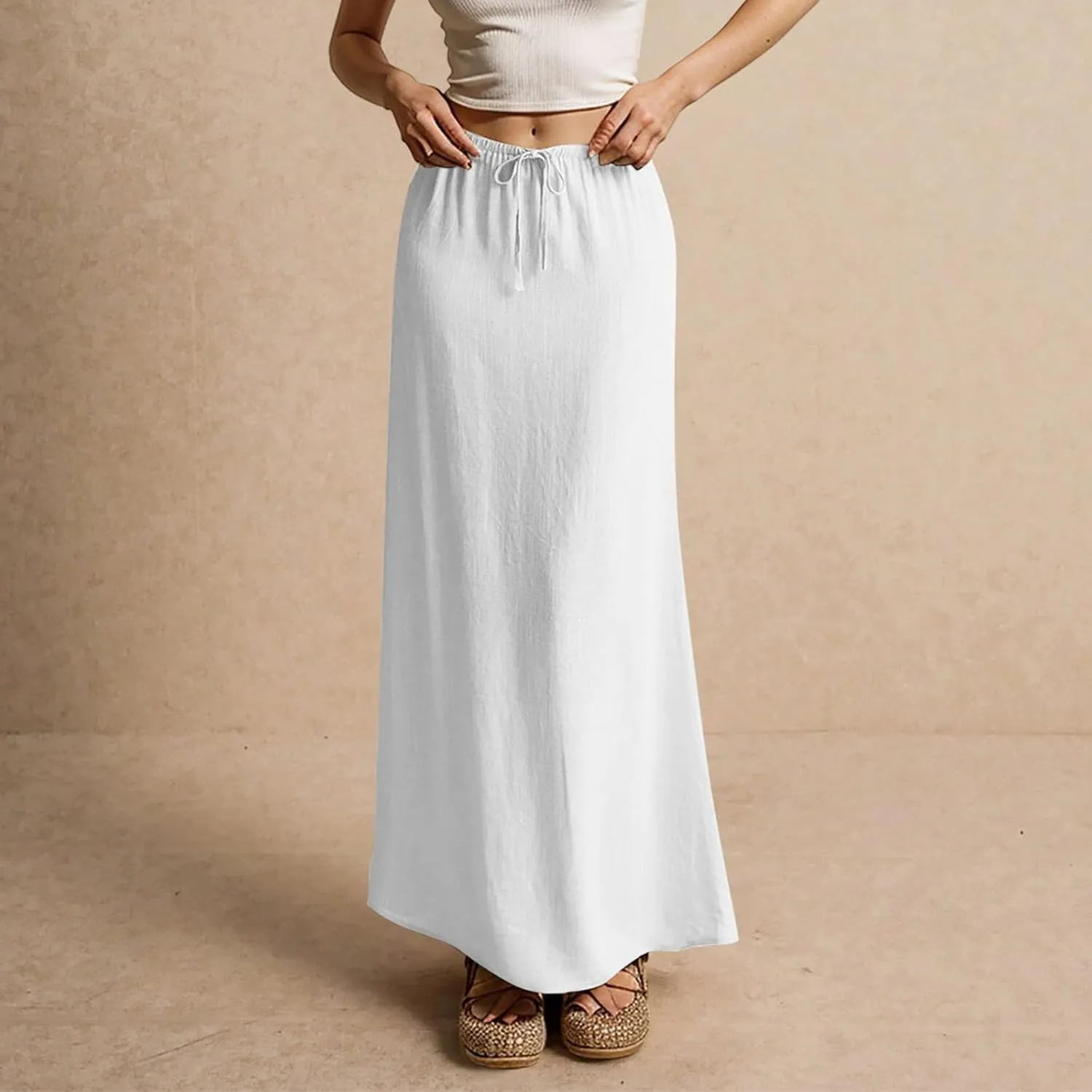 Maxi Skirt Comfy Drawstring Low Rise Womens Linen Skirt with Slit Beach Long Flowy Skirts Summer Plus Size