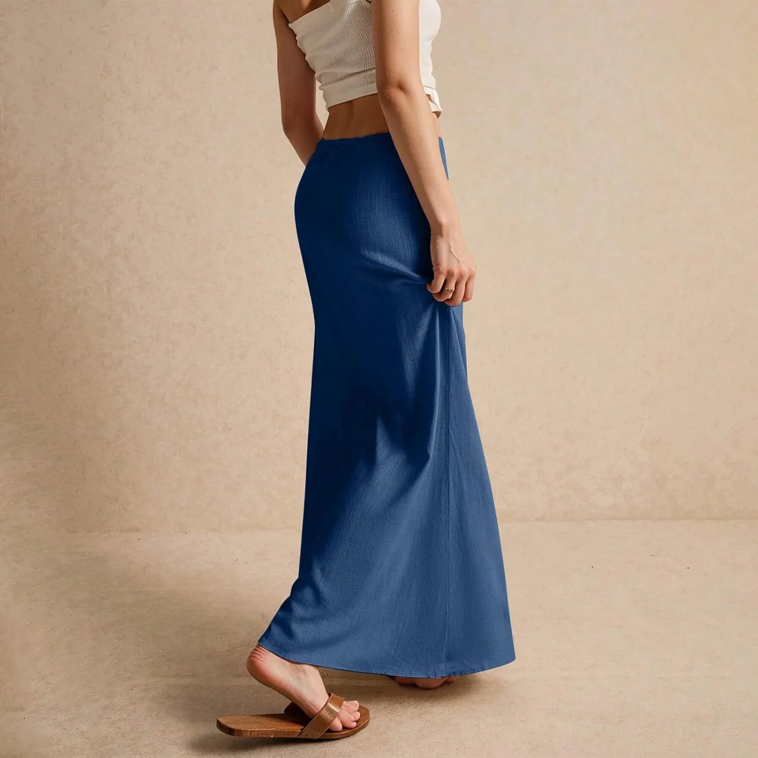 Maxi Skirt Comfy Drawstring Low Rise Womens Linen Skirt with Slit Beach Long Flowy Skirts Summer Plus Size