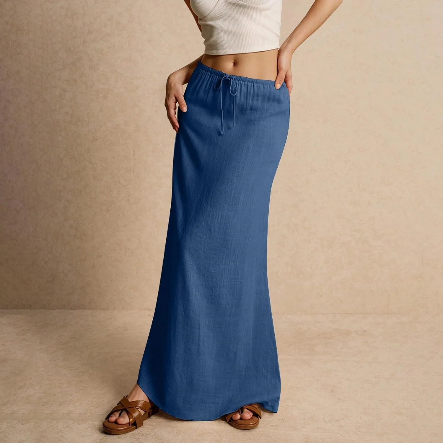 Maxi Skirt Comfy Drawstring Low Rise Womens Linen Skirt with Slit Beach Long Flowy Skirts Summer Plus Size