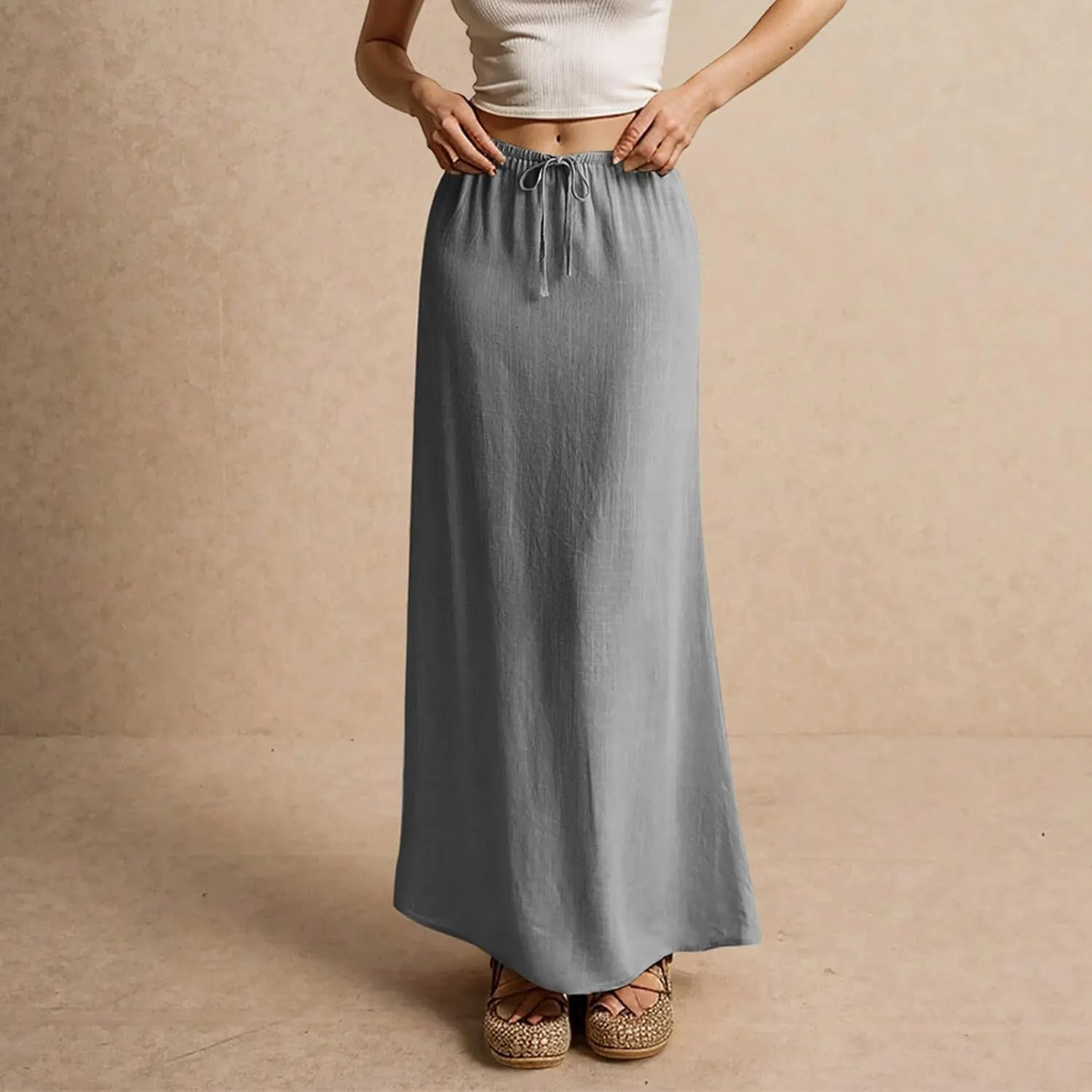 Maxi Skirt Comfy Drawstring Low Rise Womens Linen Skirt with Slit Beach Long Flowy Skirts Summer Plus Size