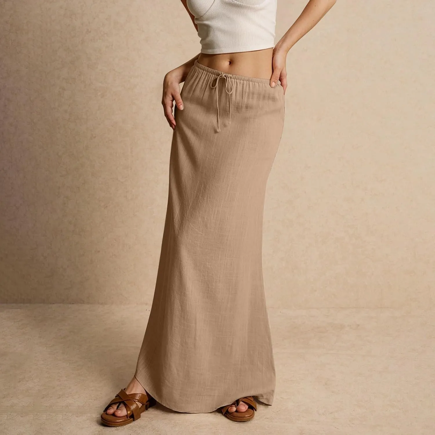 Maxi Skirt Comfy Drawstring Low Rise Womens Linen Skirt with Slit Beach Long Flowy Skirts Summer Plus Size