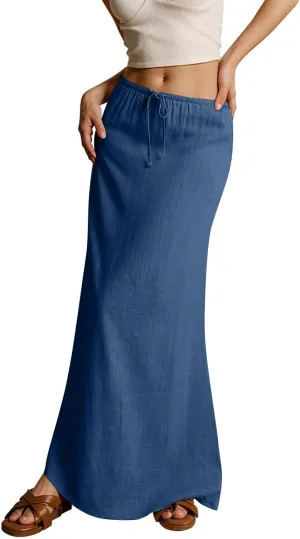 Maxi Skirt Comfy Drawstring Low Rise Womens Linen Skirt with Slit Beach Long Flowy Skirts Summer Plus Size