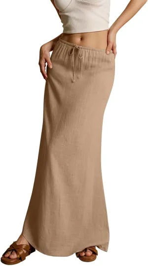 Maxi Skirt Comfy Drawstring Low Rise Womens Linen Skirt with Slit Beach Long Flowy Skirts Summer Plus Size