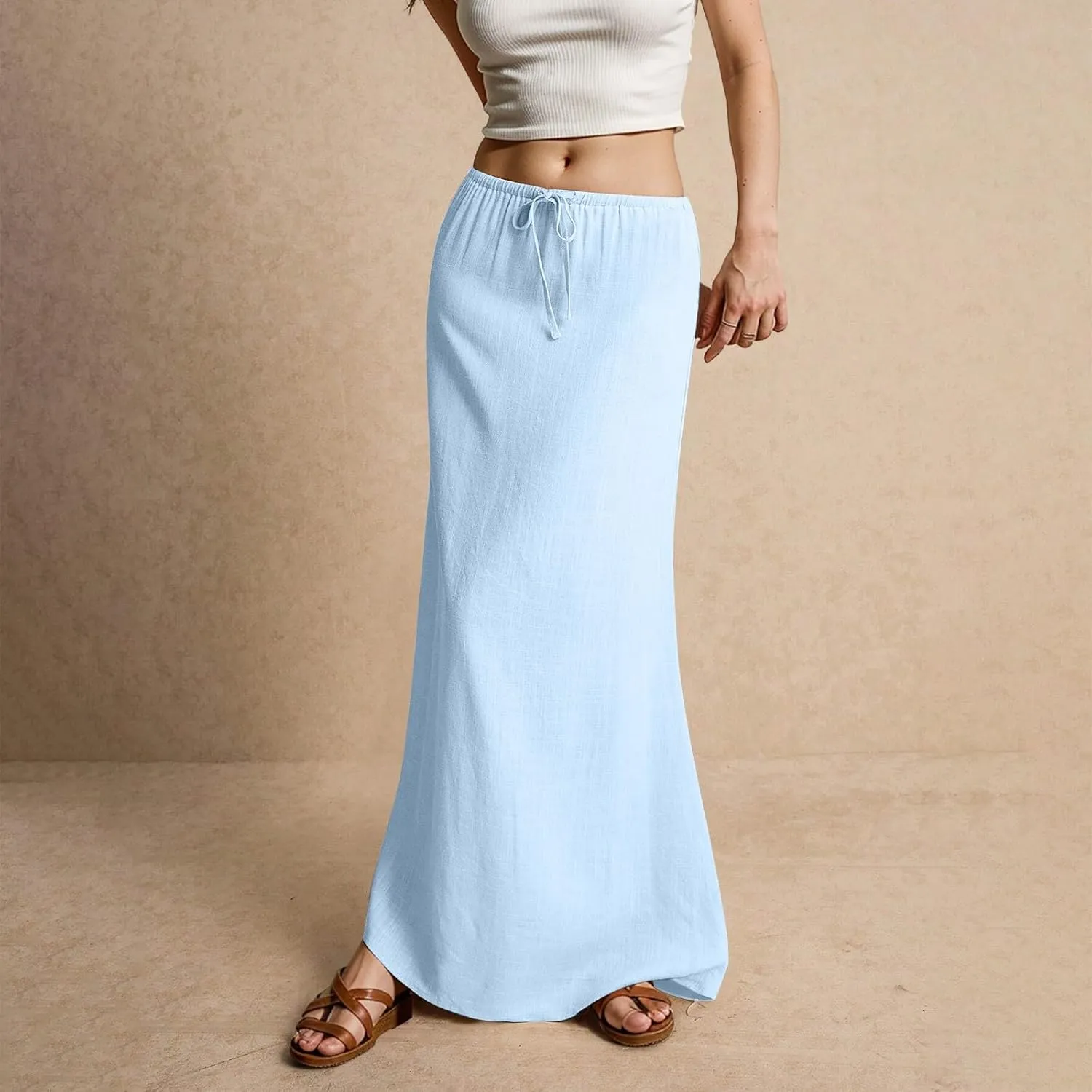 Maxi Skirts for Women Plus Size Long Flowy Skirts Summer Womens Linen Skirt with Slit Comfy Drawstring Low Rise