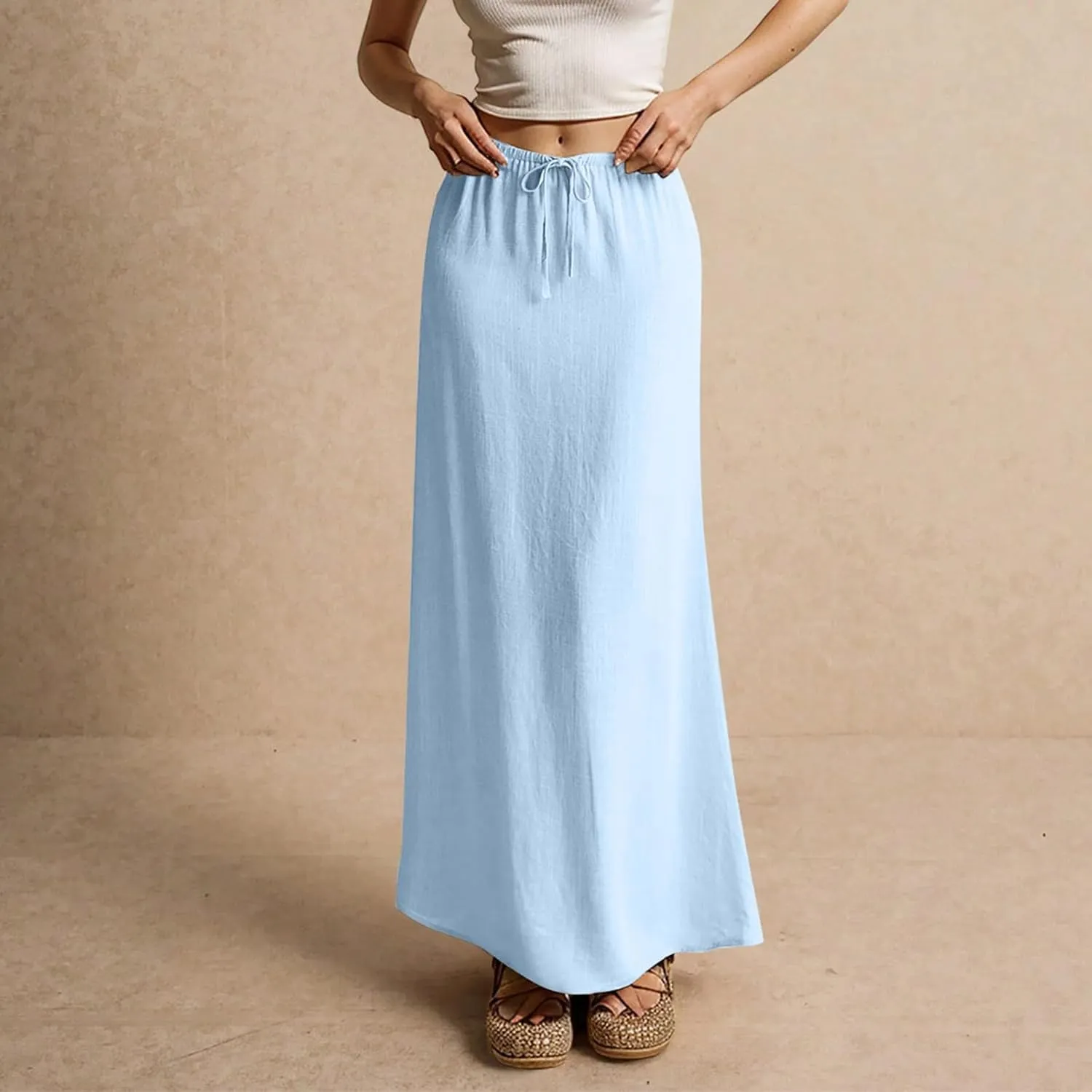 Maxi Skirts for Women Plus Size Long Flowy Skirts Summer Womens Linen Skirt with Slit Comfy Drawstring Low Rise