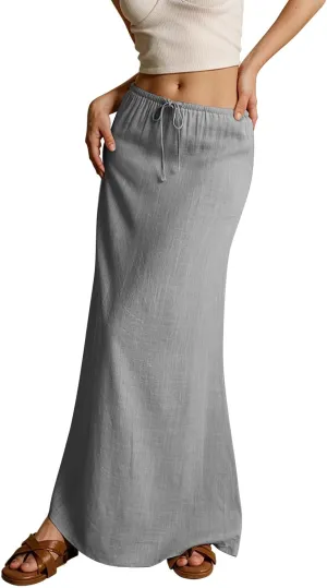 Maxi Skirts for Women Plus Size Long Flowy Skirts Summer Womens Linen Skirt with Slit Comfy Drawstring Low Rise