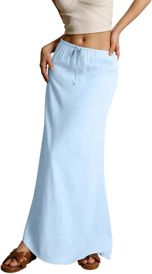 Maxi Skirts for Women Plus Size Long Flowy Skirts Summer Womens Linen Skirt with Slit Comfy Drawstring Low Rise