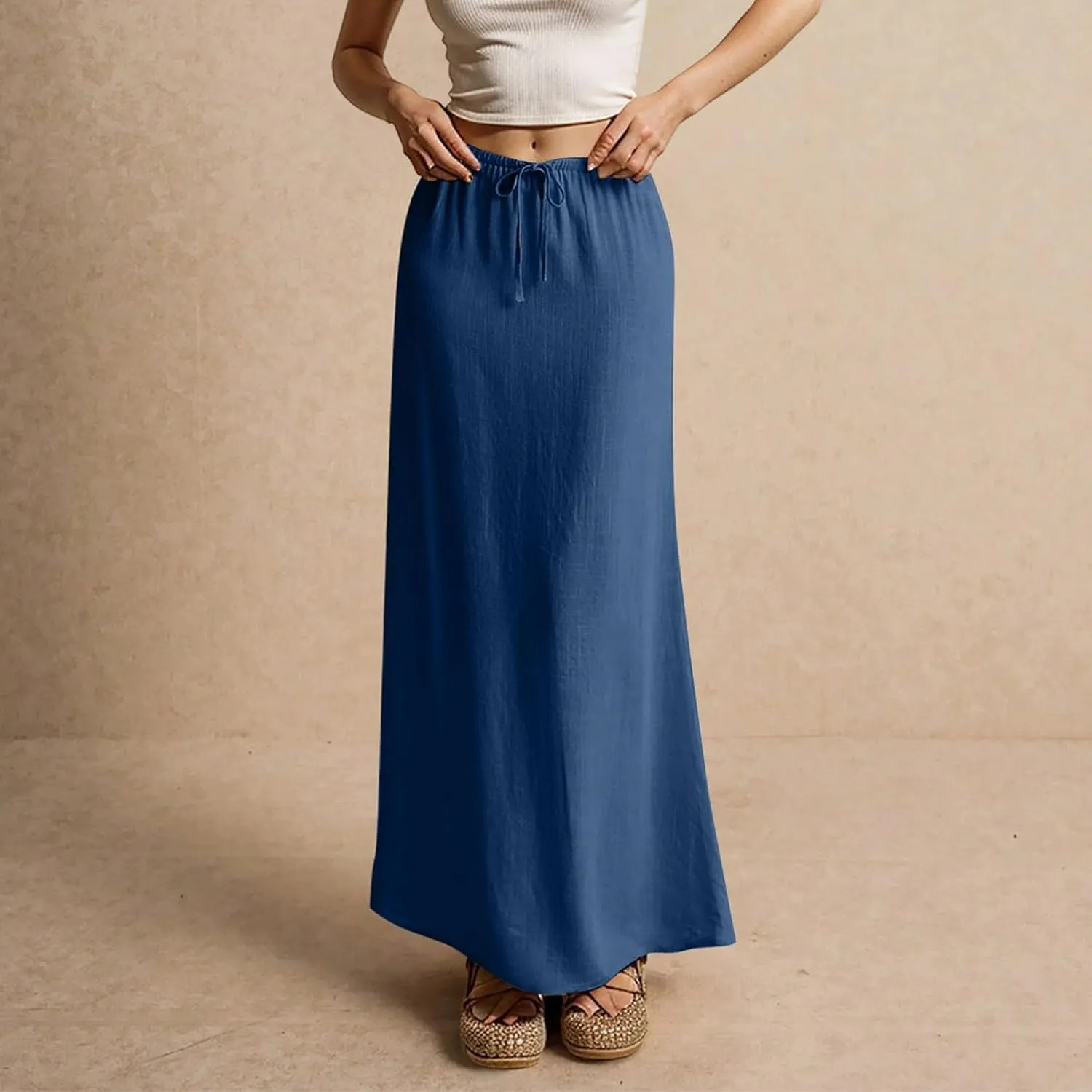 Maxi Skirts for Women Plus Size Long Flowy Skirts Summer Womens Linen Skirt with Slit Comfy Drawstring Low Rise