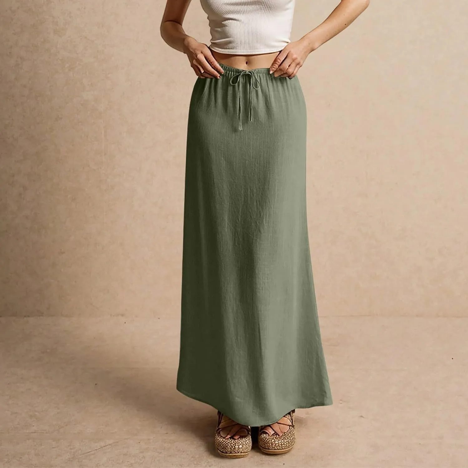 Maxi Skirts for Women Summer Comfy Cotton Linen Long Skirts Casual Low Waisted A Line Skirt Boho Cover Up Beach Skirt