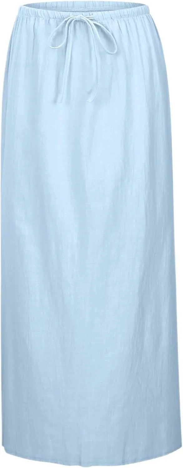 Maxi Skirts for Women Summer Cotton Linen Long Skirts Boho Casual Flowy Skirt Drawstring Waist A Line Skorts Trendy