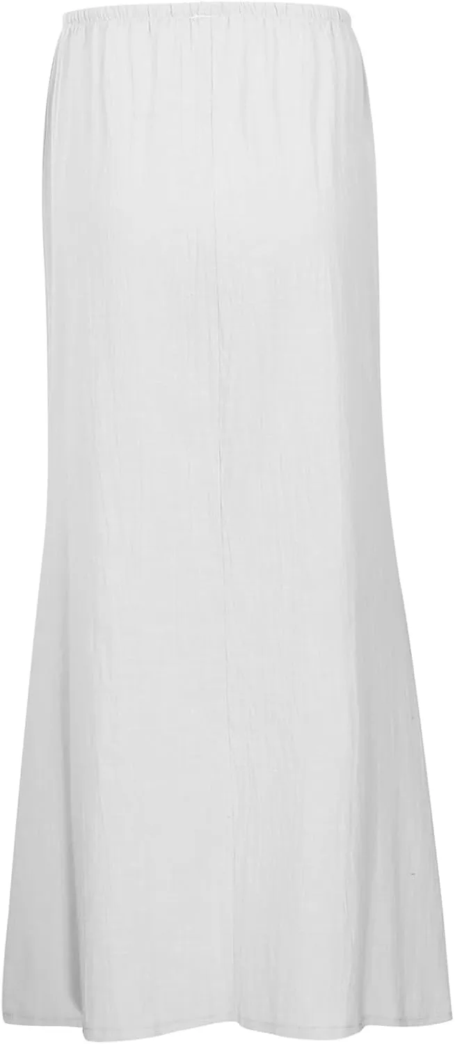 Maxi Skirts for Women Summer Cotton Linen Long Skirts Boho Casual Flowy Skirt Drawstring Waist A Line Skorts Trendy