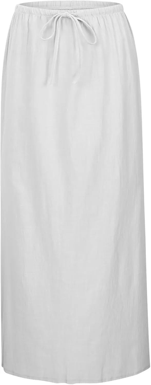 Maxi Skirts for Women Summer Cotton Linen Long Skirts Boho Casual Flowy Skirt Drawstring Waist A Line Skorts Trendy
