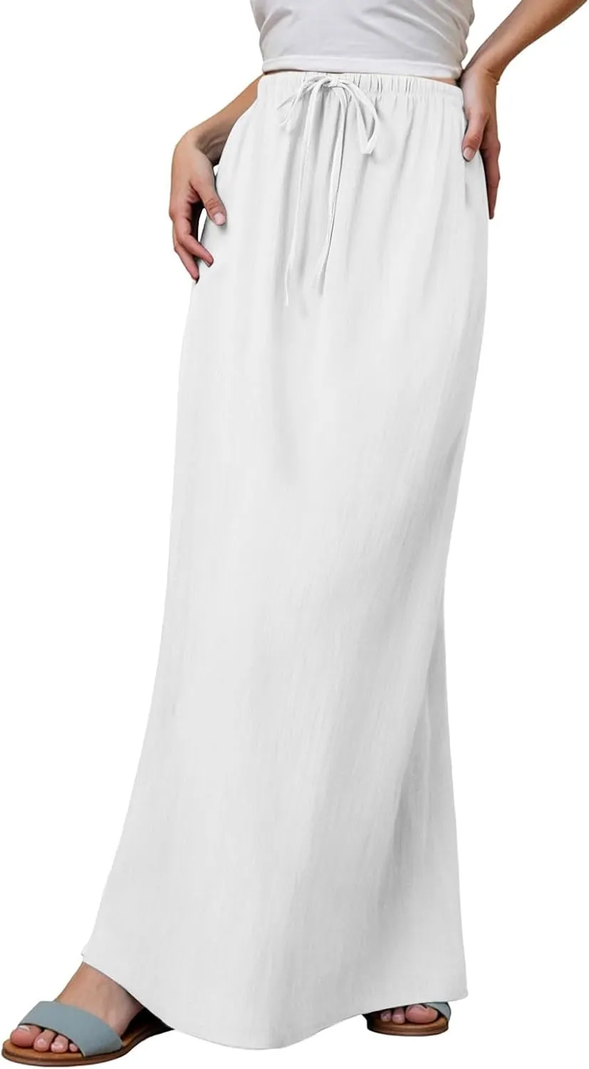 Maxi Skirts for Women Summer Cotton Linen Long Skirts Boho Casual Flowy Skirt Drawstring Waist A Line Skorts Trendy