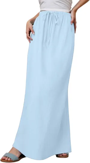 Maxi Skirts for Women Summer Cotton Linen Long Skirts Boho Casual Flowy Skirt Drawstring Waist A Line Skorts Trendy