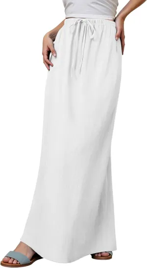 Maxi Skirts for Women Summer Cotton Linen Long Skirts Boho Casual Flowy Skirt Drawstring Waist A Line Skorts Trendy
