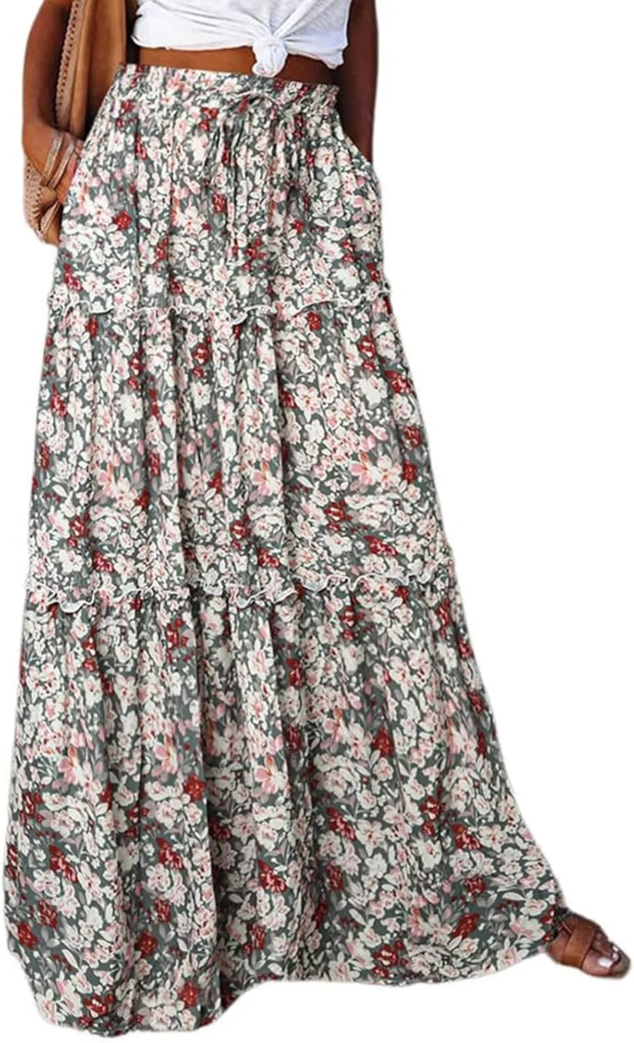 Maxi Skirts for Women Summer Floral Elastic High Waist Drawstring Tropical Skirts Pleated A-Line Tiered Long Skirt
